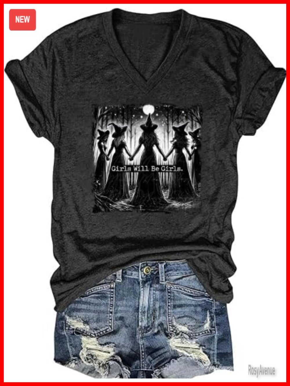 Witches Girls Will Be Girls Graphic V-Neck Short Sleeve T-Shirt